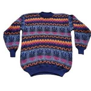 Peruvian Sweater Men Small Alpaca Knit Llama‎ Pattern Jumper Red Orange Blue